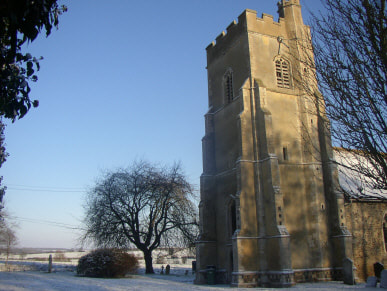 church tower in snow