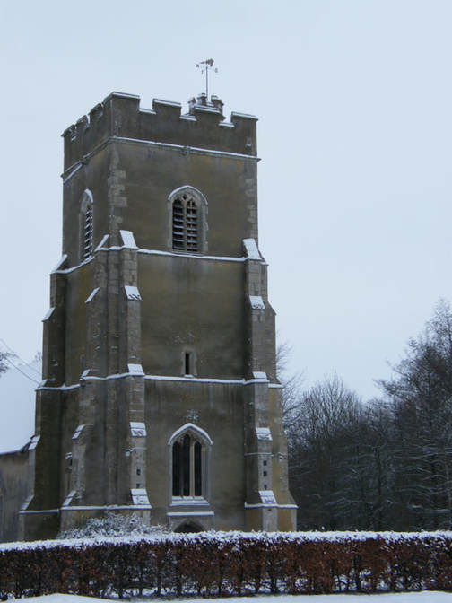 church tower with snow